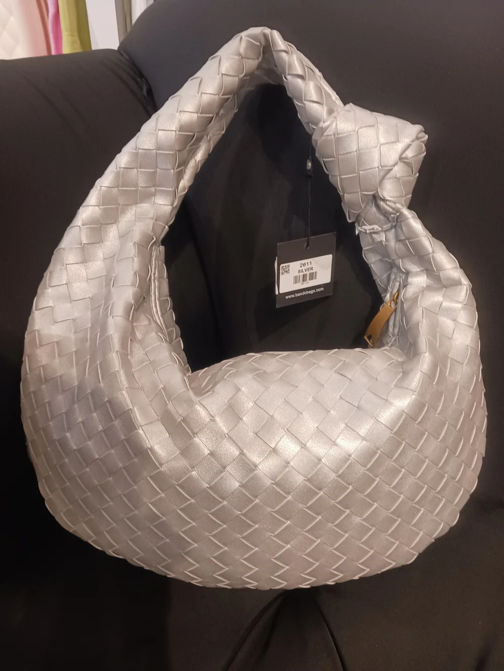 Woven Silver Hobo Bag with Knotted Shoulder Strap